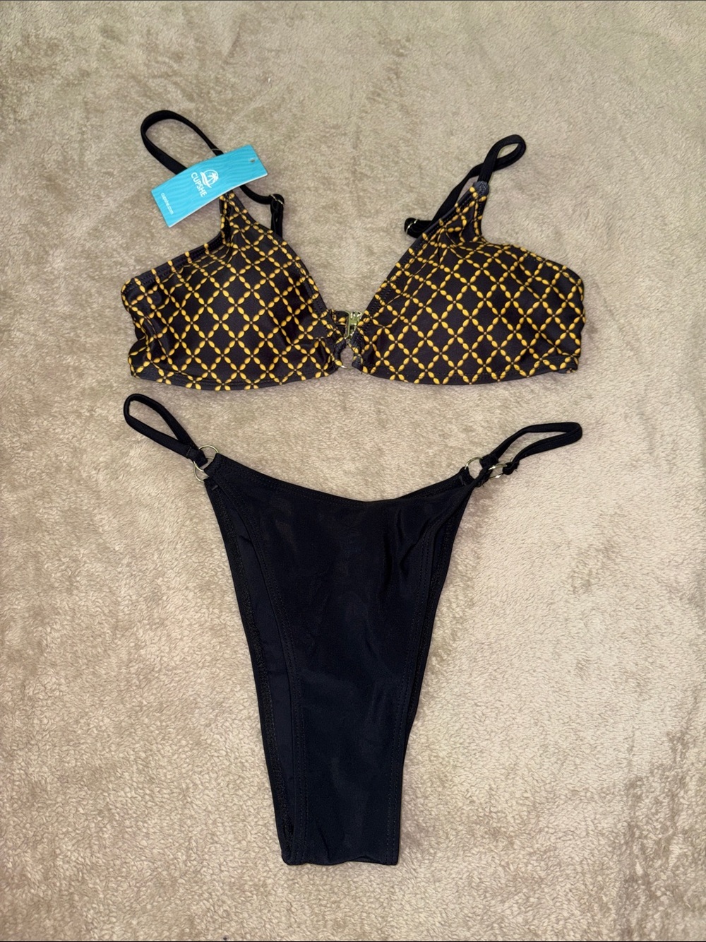 Cupshe Black Bikini Set with Yellow Lattice Top